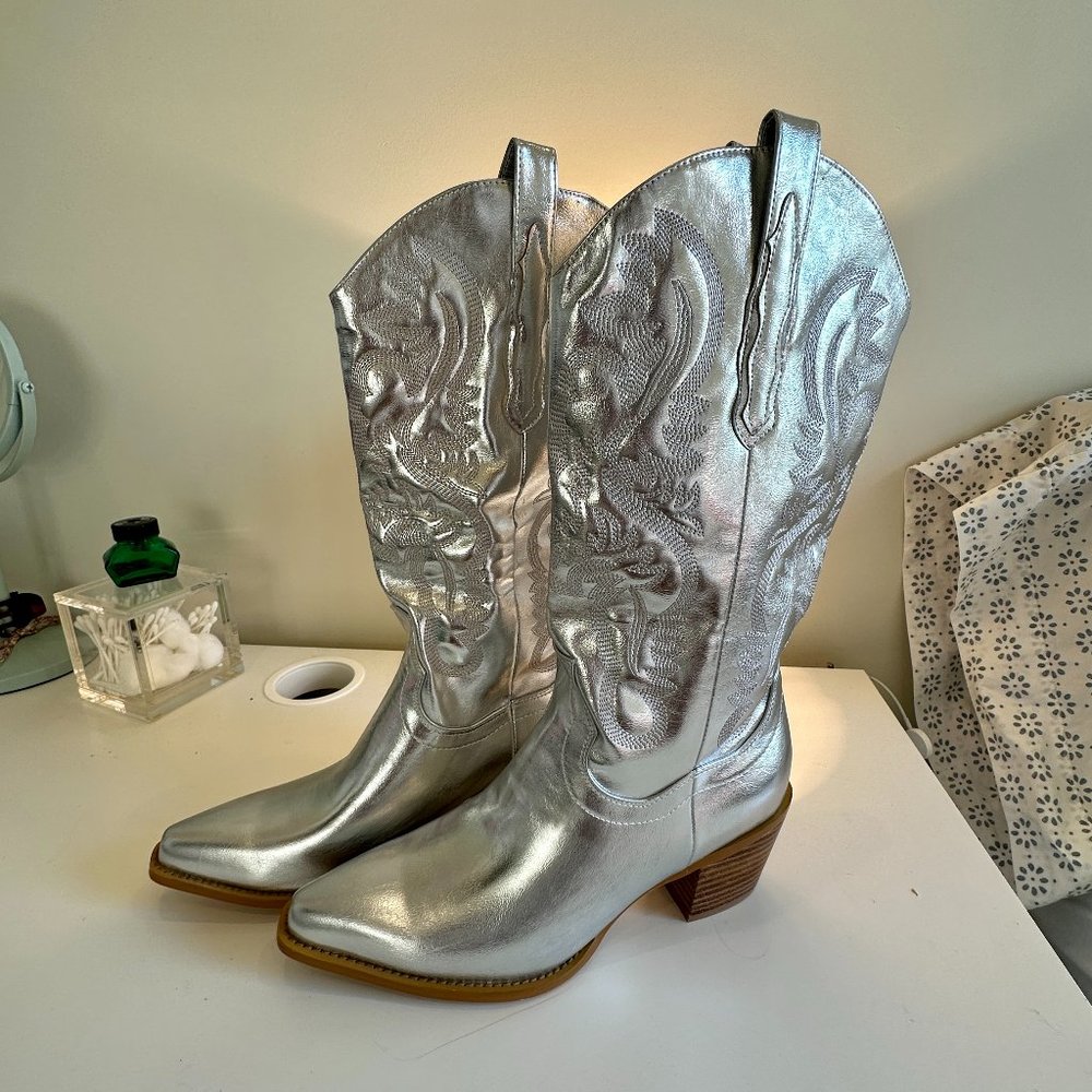 Silver Metallic Heeled Cowboy Boots - NWOT